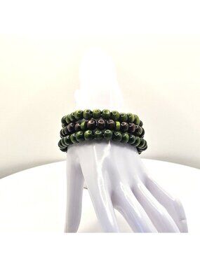 Wooden Beaded Stretch Bracelets In Green & Brown Handmade Jewelry For Women & Me
